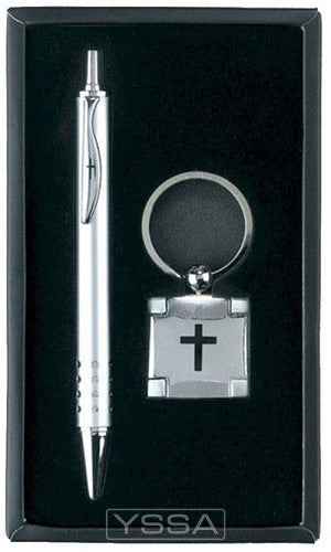 Pen with Keyring - Black engraved cross